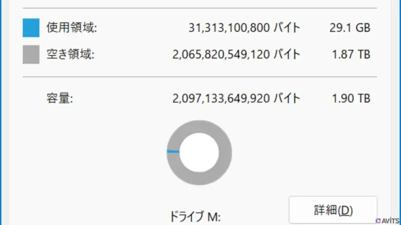 円グラフで見ても、ほらこの通り。実容量は約29.1GiB。
