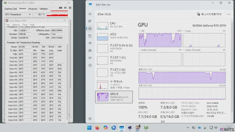 GPUのみの高負荷テスト。50℃を超えるとGPUファンが回転します。100%の高負荷で70℃付近と、こちらも問題ありません。