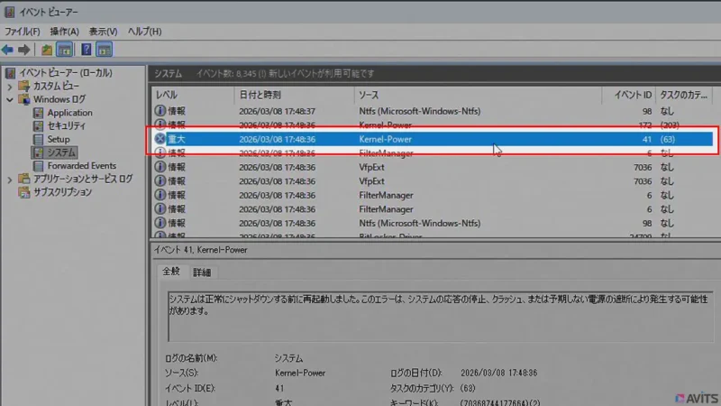 出ました、恐怖のKernel-Power 41エラー！😱 突然画面が真っ暗になったり再起動したりするのは、本当に心臓に悪いですよね。
お客様がこれまでどれだけ苦労してPCを騙し騙し使ってこられたか、このログが物語っています。